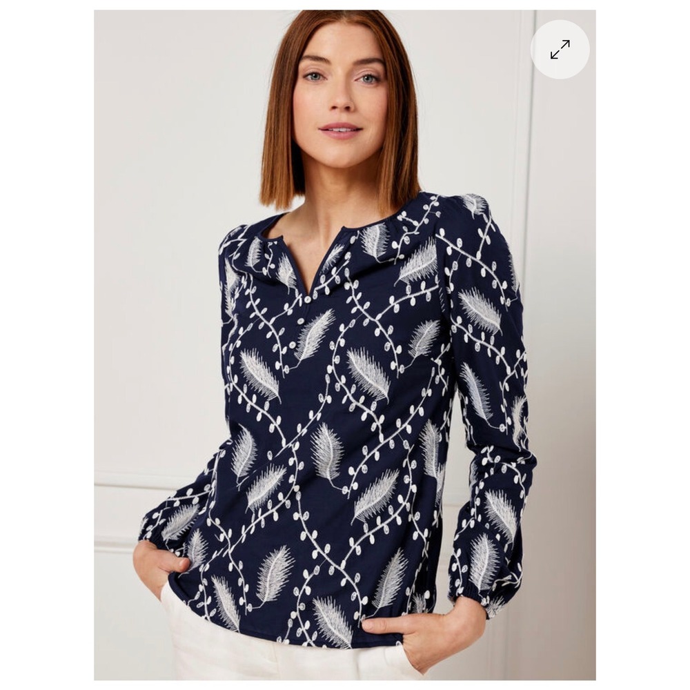 TALBOTS Navy Blue White Embroidered Leaf Popover Blouse Size Medium